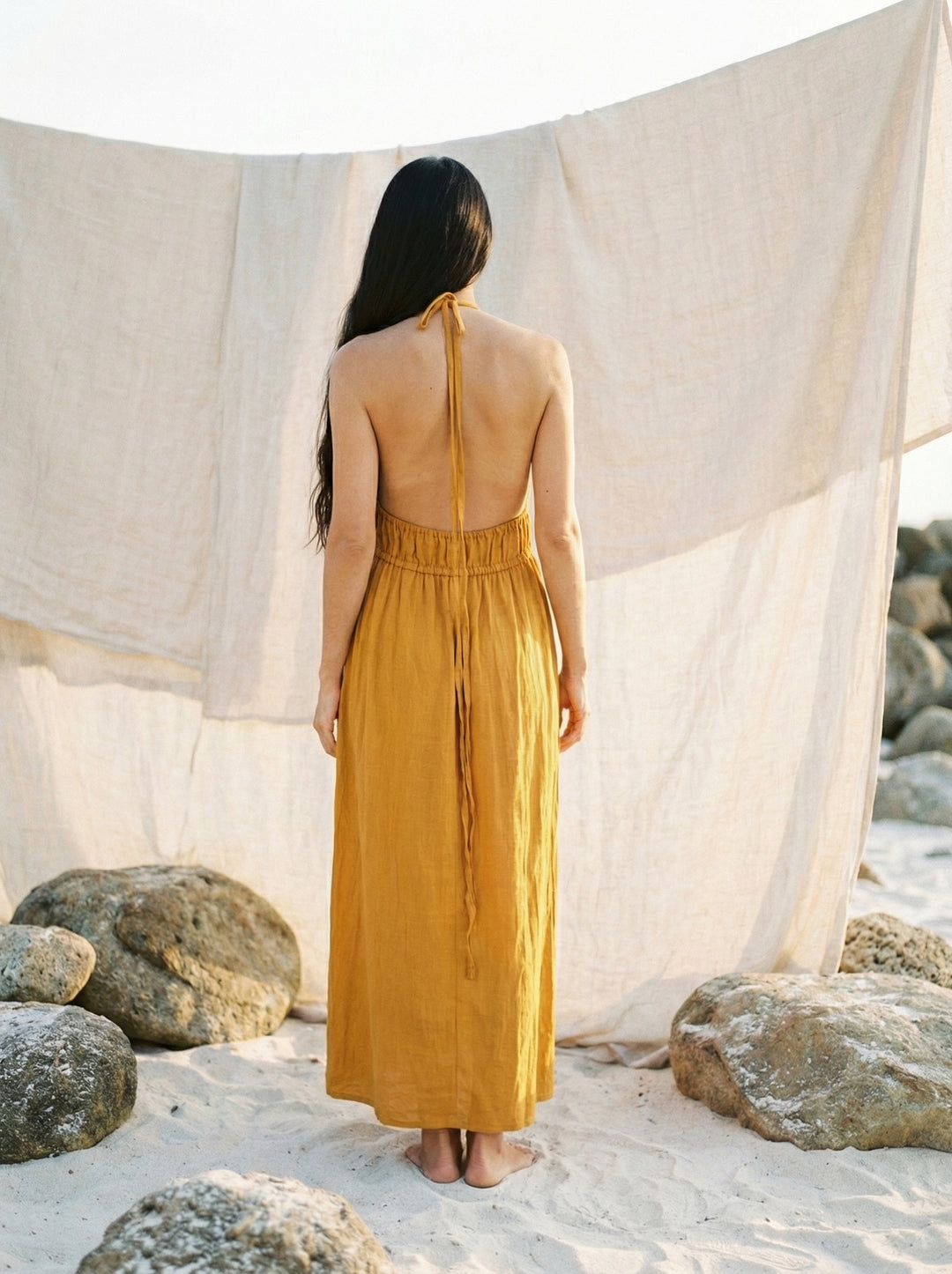 Mustard Cotton Gauze Maxi Dress – Bohemian Halter Neck Goddess Gown (UK 8-14)