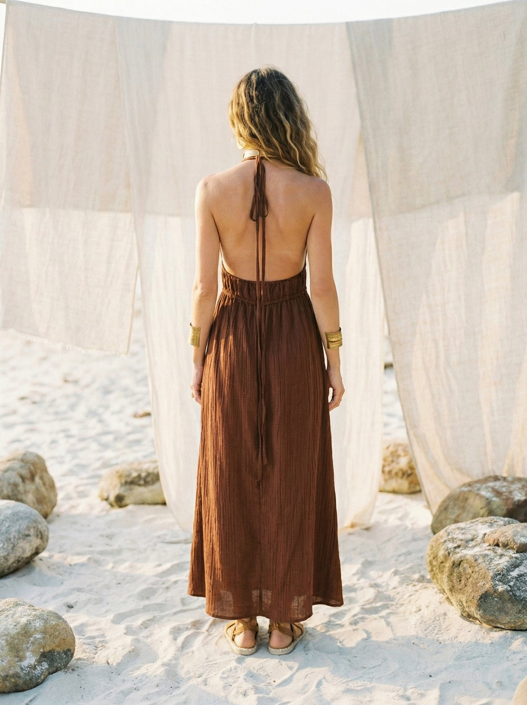 Coffee Brown Cotton Gauze Maxi Dress – Bohemian Halter Neck Goddess Gown (UK 8-14)