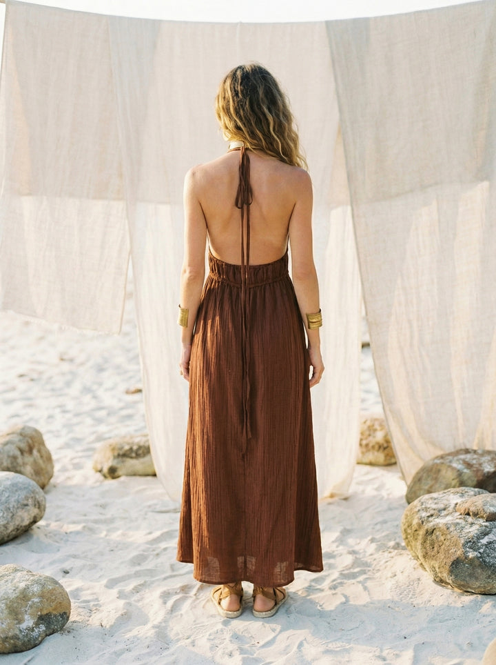 Coffee Brown Cotton Gauze Maxi Dress – Bohemian Halter Neck Goddess Gown (UK 8-14)