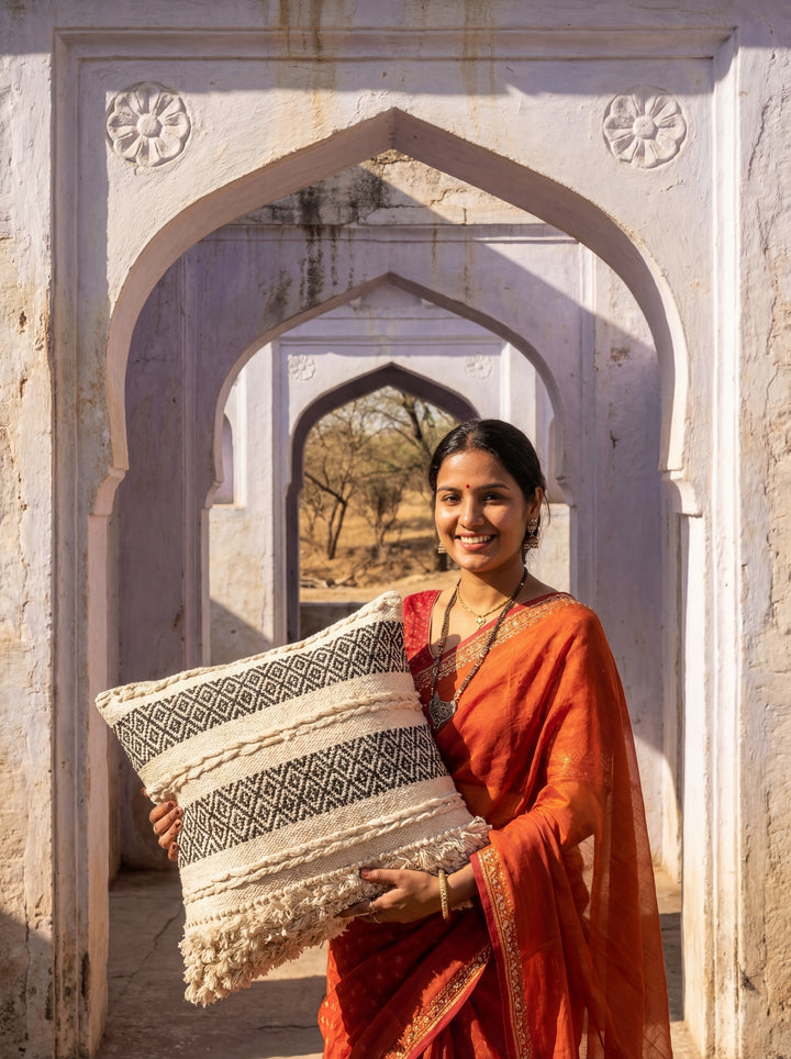 The Humanity Series: Artisan-Made Macramé Accent Pillow – 18x18" Ivory Hand-Woven