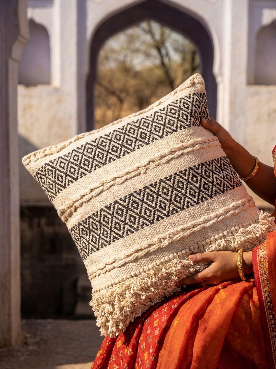 The Humanity Series: Artisan-Made Macramé Accent Pillow – 18x18" Ivory Hand-Woven