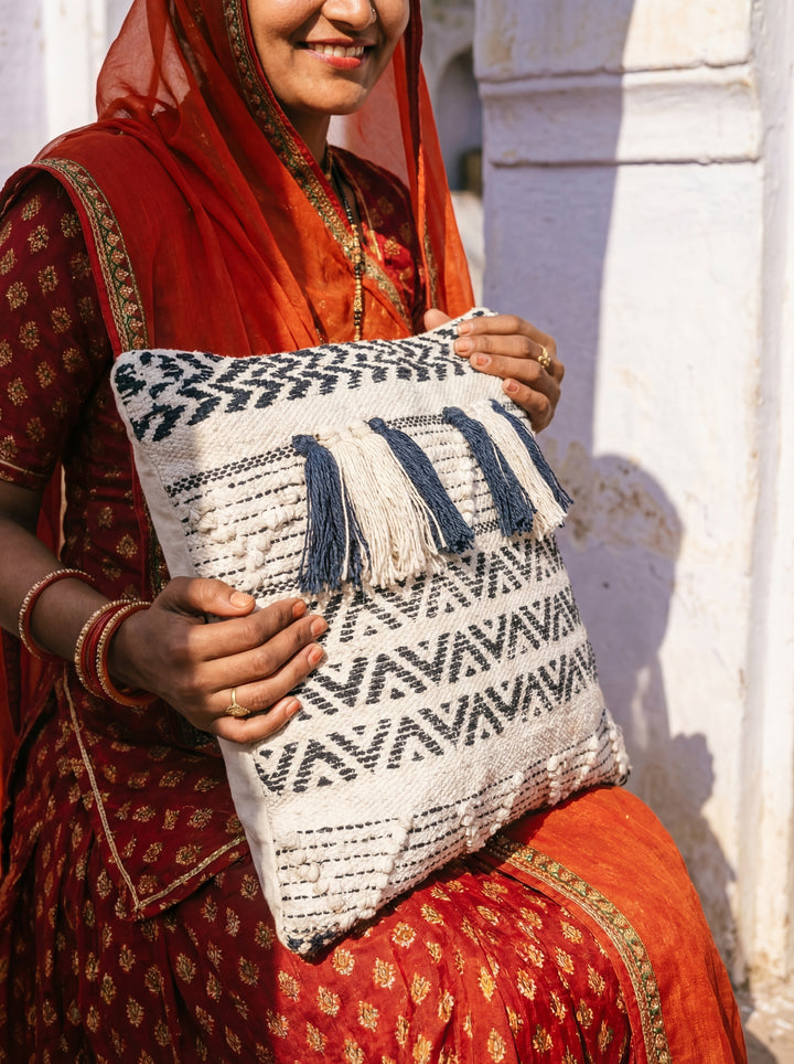 The Nomad Texture: 18" Square Boho-Chic Cushion – Hand-Loomed by Women Artisans