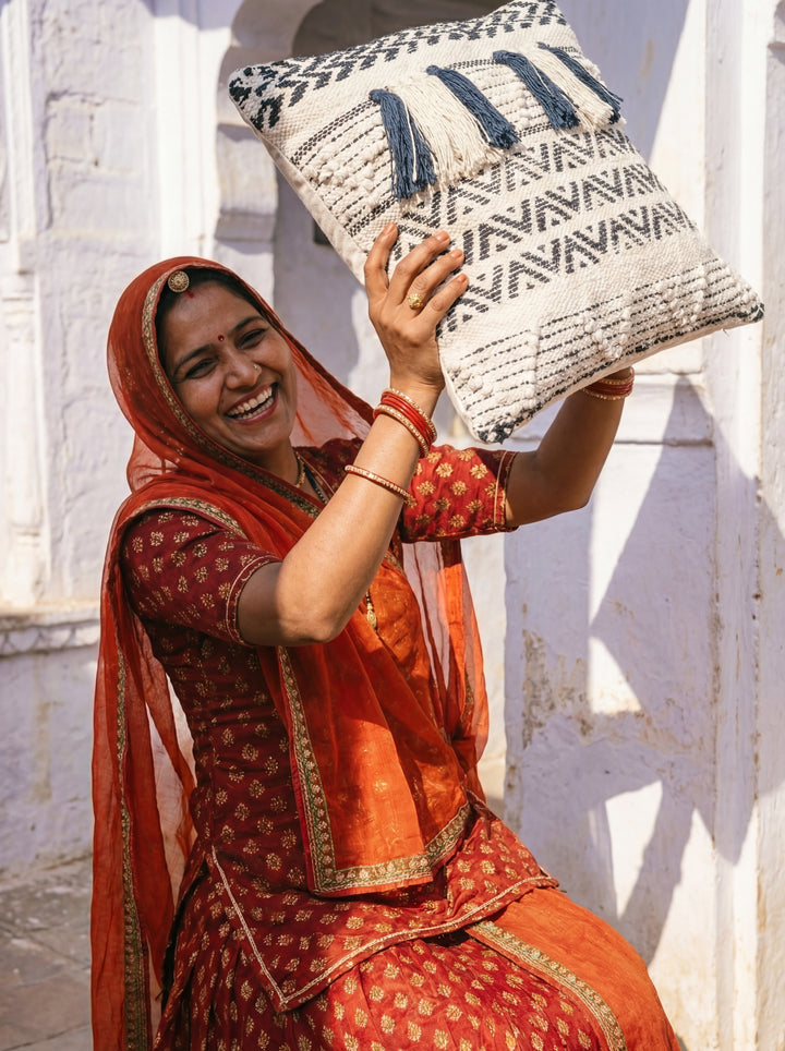 The Nomad Texture: 18" Square Boho-Chic Cushion – Hand-Loomed by Women Artisans