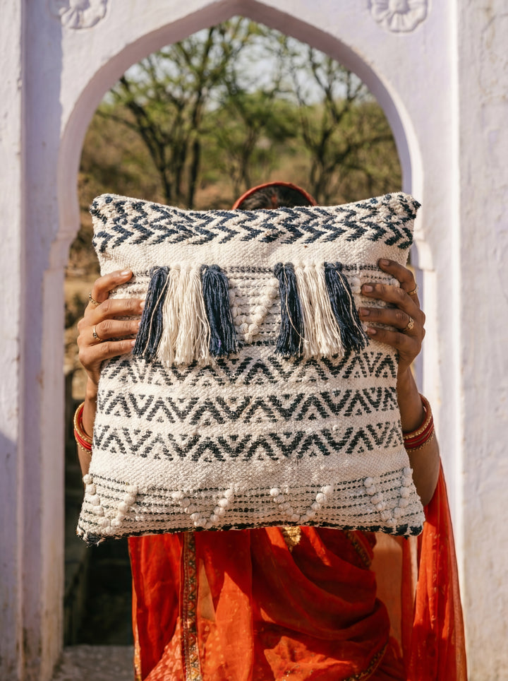 The Nomad Texture: 18" Square Boho-Chic Cushion – Hand-Loomed by Women Artisans