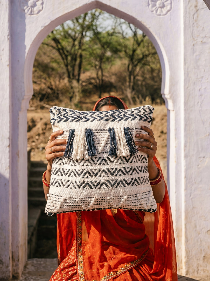 The Nomad Texture: 18" Square Boho-Chic Cushion – Hand-Loomed by Women Artisans