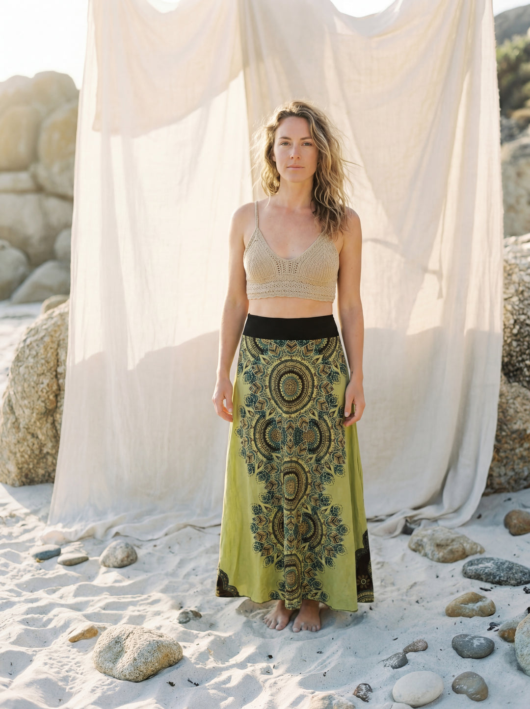 Sacred Geometry Maxi Skirt – Hand-Stamped Tribal Cotton Bohemian Festival Wear