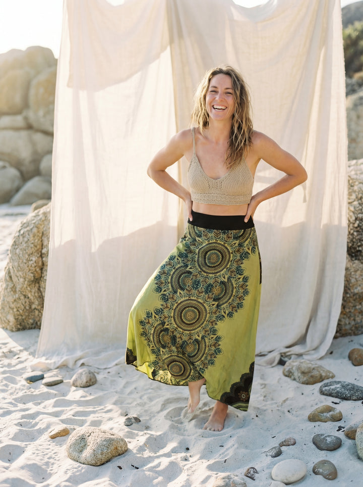 Sacred Geometry Maxi Skirt – Hand-Stamped Tribal Cotton Bohemian Festival Wear