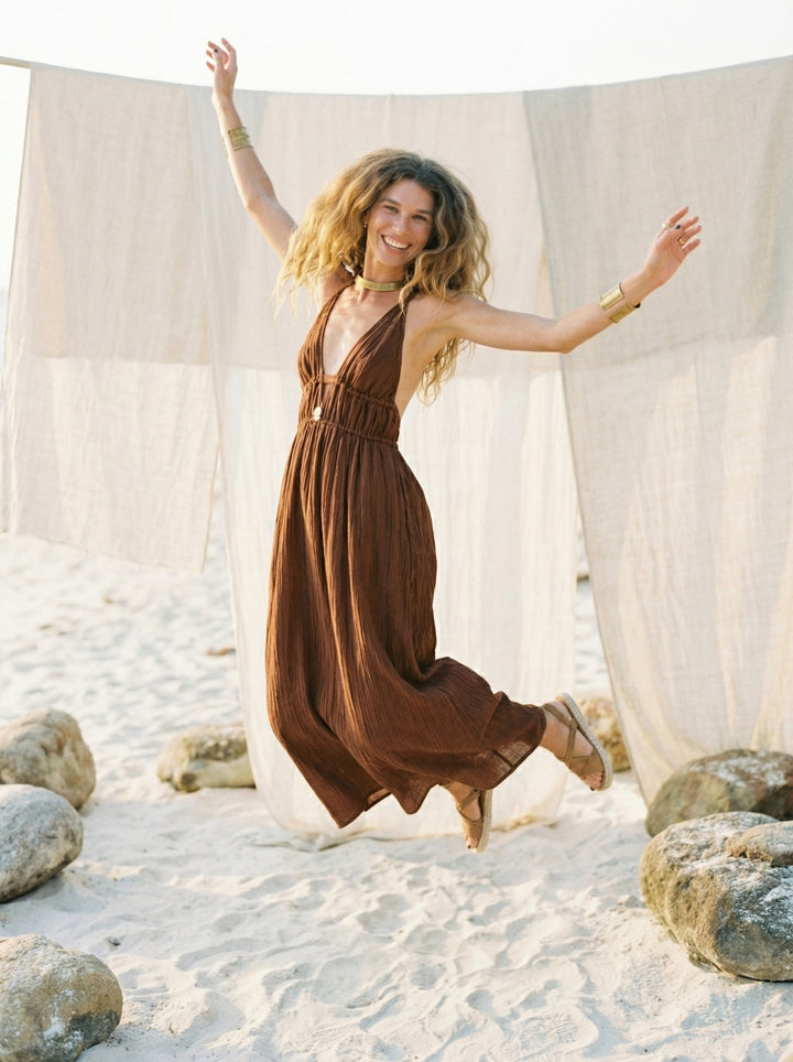 Coffee Brown Cotton Gauze Maxi Dress – Bohemian Halter Neck Goddess Gown (UK 8-14)