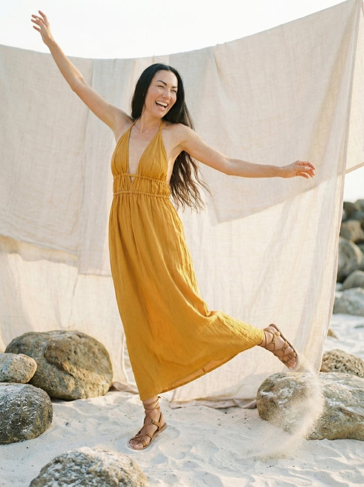 Mustard Cotton Gauze Maxi Dress – Bohemian Halter Neck Goddess Gown (UK 8-14)