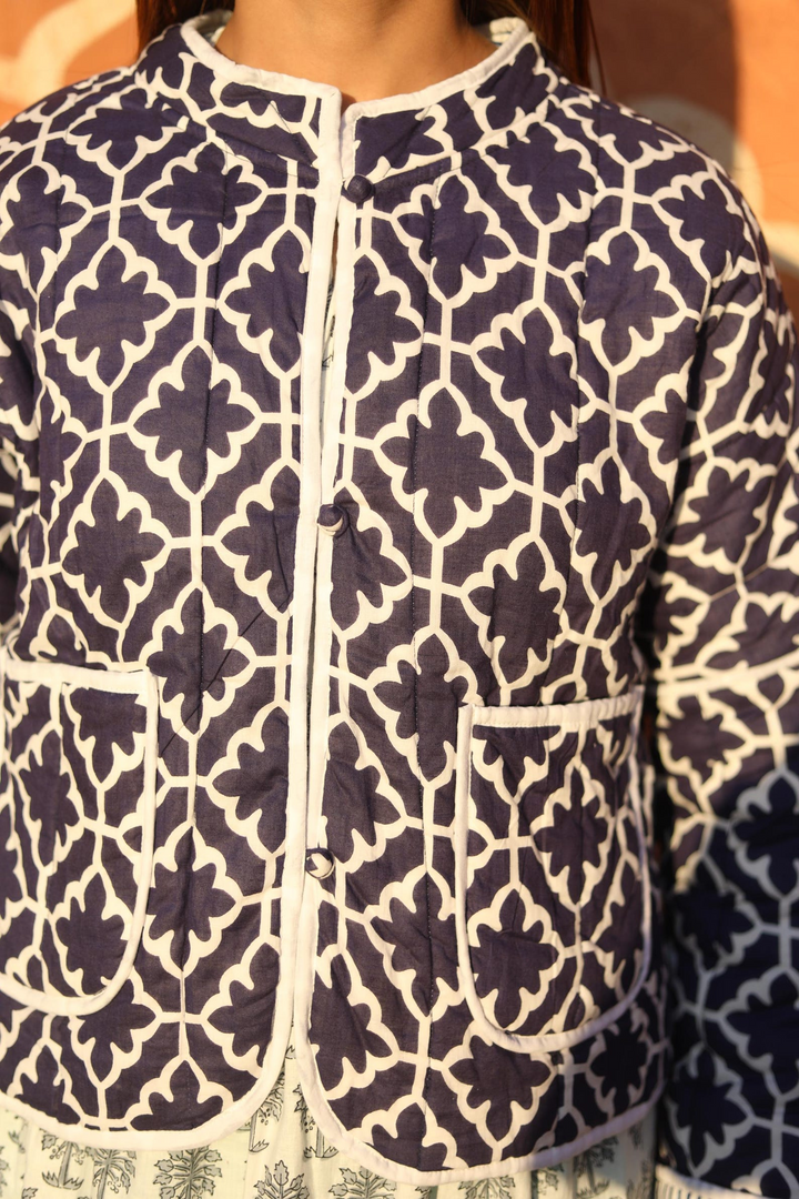The "Maya" Reversible Quilted Jacket – Indigo Pinstripe & Lattice Print