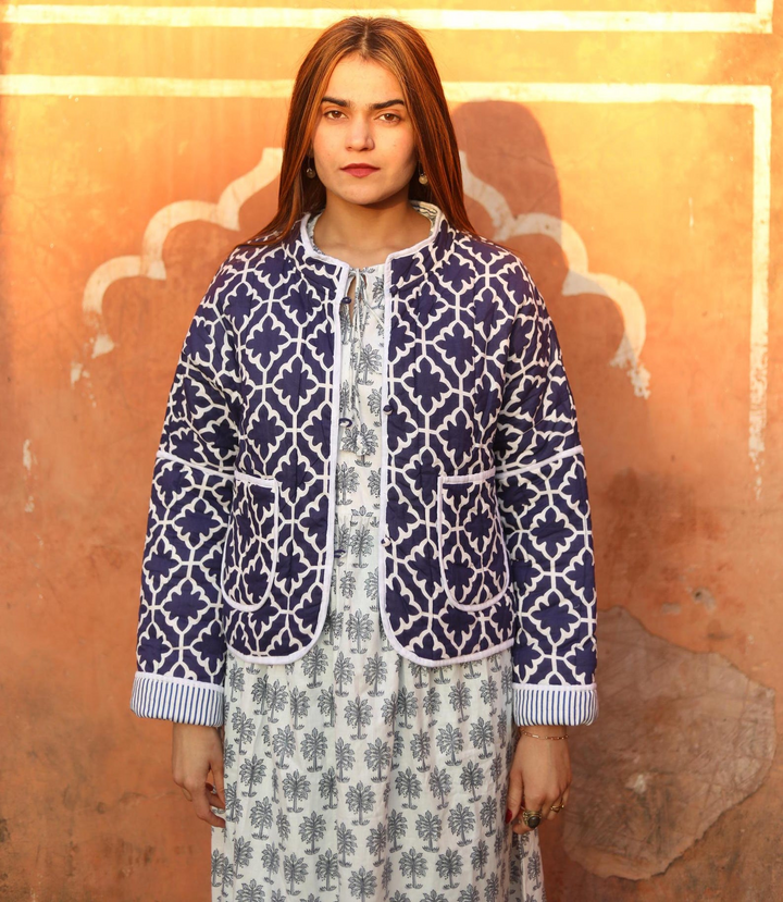 The "Maya" Reversible Quilted Jacket – Indigo Pinstripe & Lattice Print