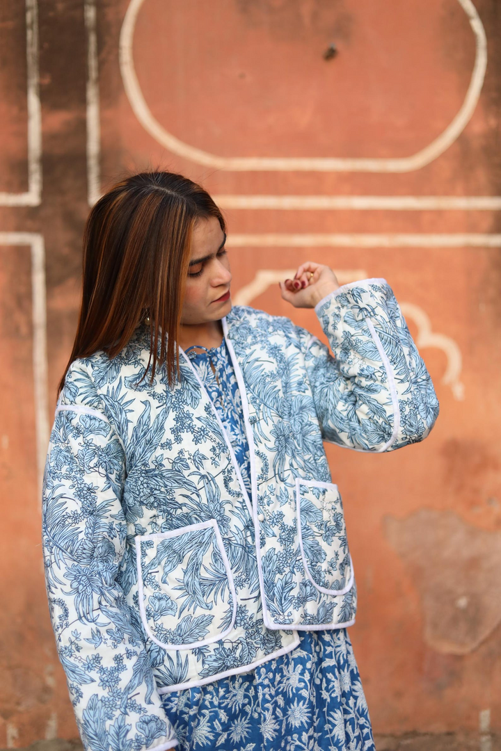 The "Zinnia" Reversible Quilted Jacket – Indigo & Cloud Botanical Print