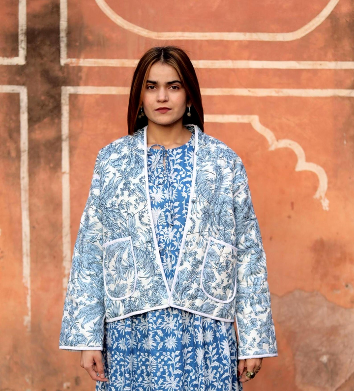 The "Zinnia" Reversible Quilted Jacket – Indigo & Cloud Botanical Print