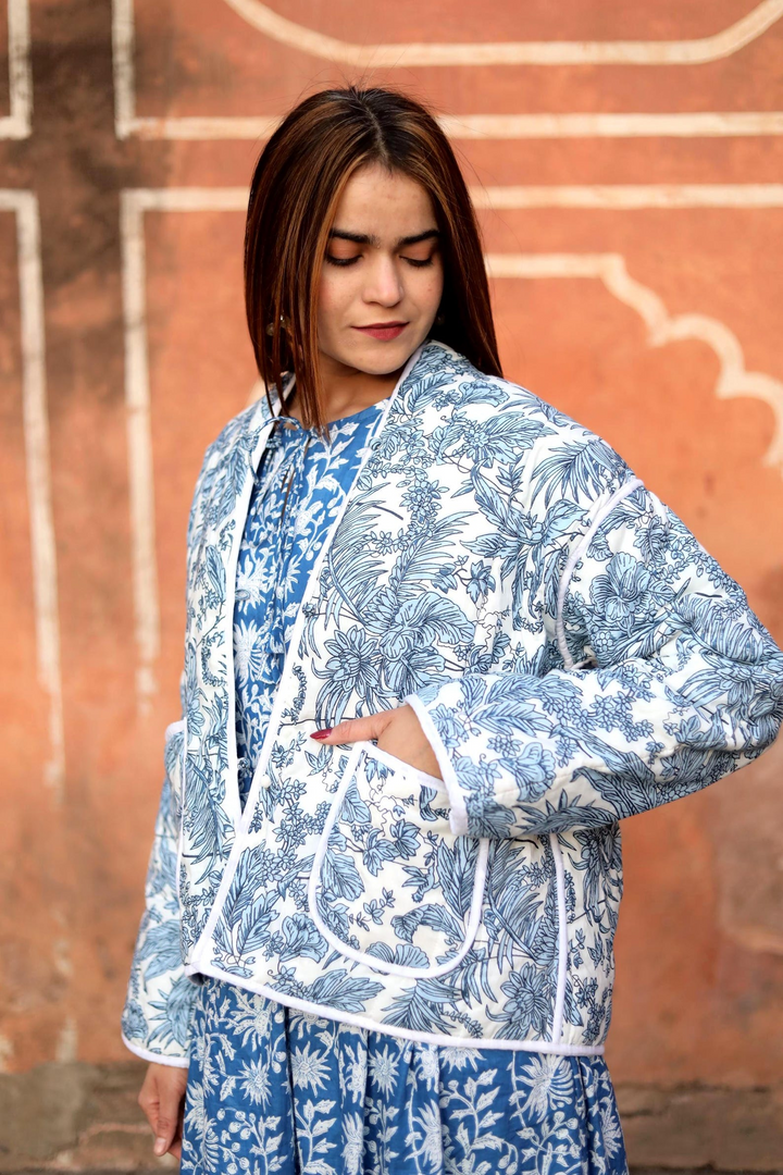 The "Zinnia" Reversible Quilted Jacket – Indigo & Cloud Botanical Print
