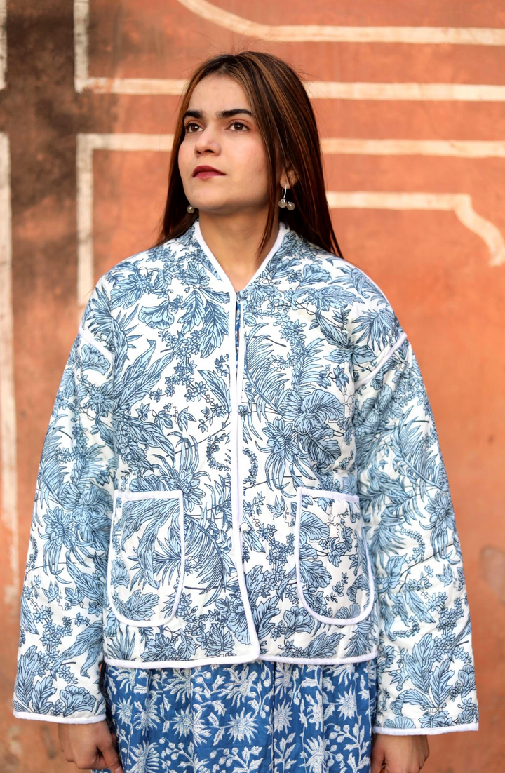 The "Zinnia" Reversible Quilted Jacket – Indigo & Cloud Botanical Print