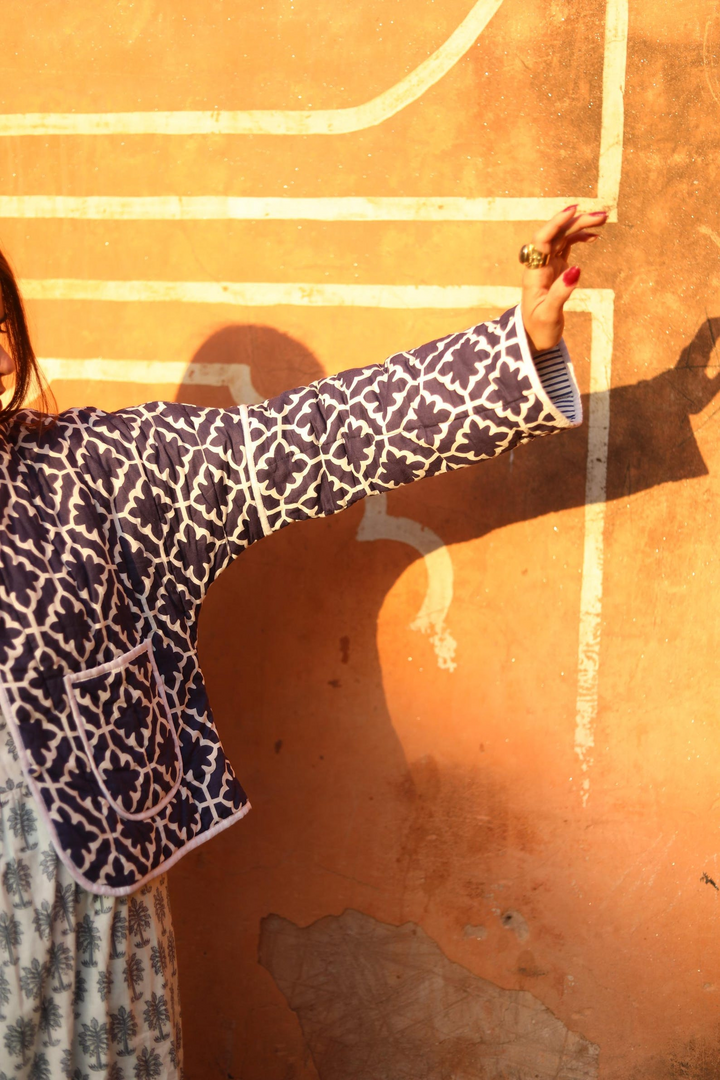 The "Maya" Reversible Quilted Jacket – Indigo Pinstripe & Lattice Print