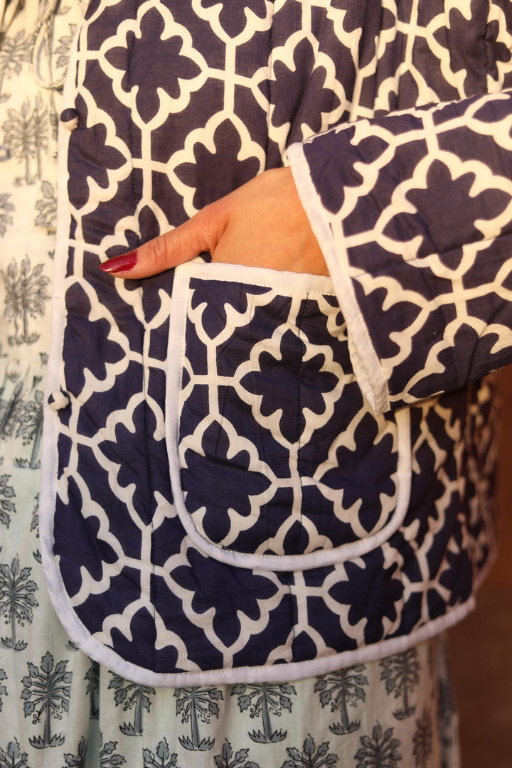 The "Maya" Reversible Quilted Jacket – Indigo Pinstripe & Lattice Print