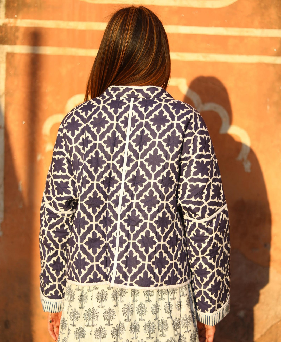 The "Maya" Reversible Quilted Jacket – Indigo Pinstripe & Lattice Print