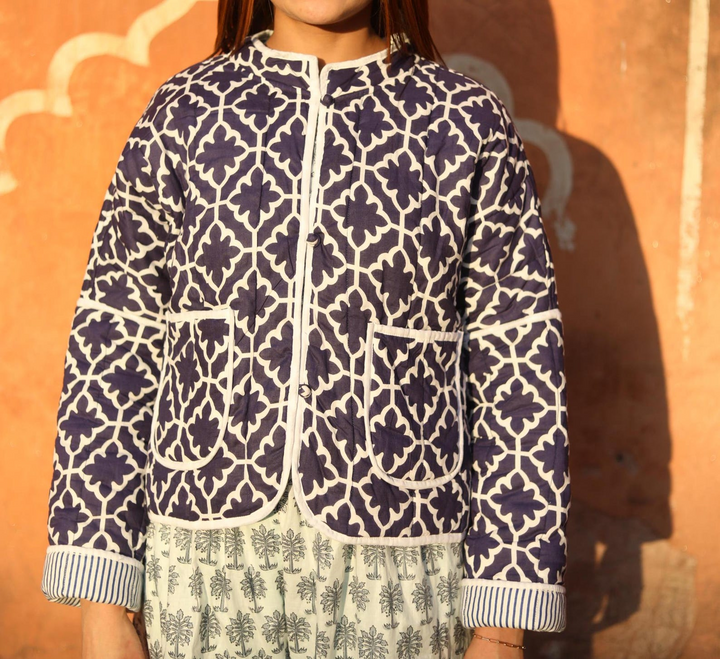 The "Maya" Reversible Quilted Jacket – Indigo Pinstripe & Lattice Print