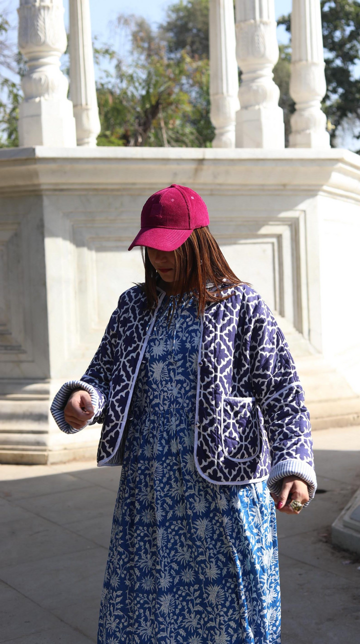 The "Maya" Reversible Quilted Jacket – Indigo Pinstripe & Lattice Print