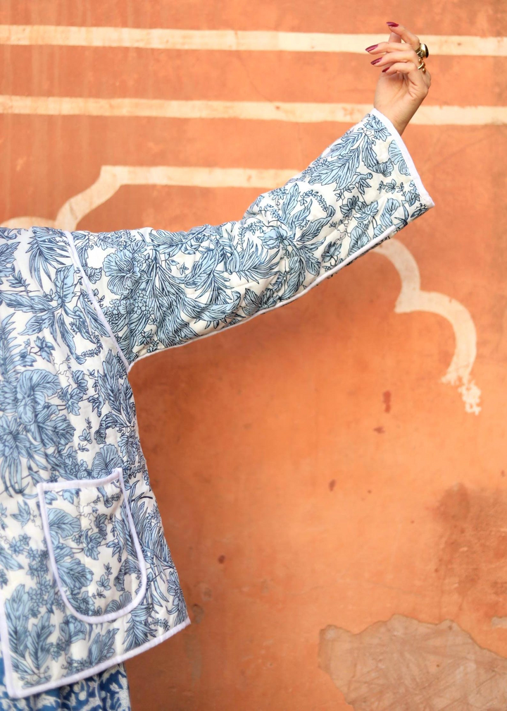 The "Zinnia" Reversible Quilted Jacket – Indigo & Cloud Botanical Print
