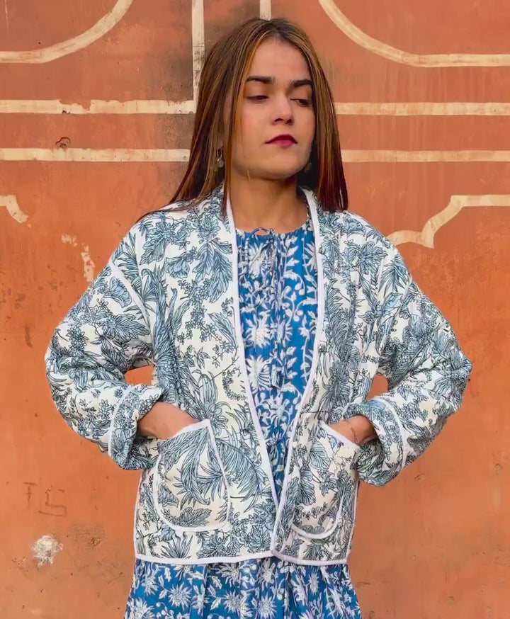 The "Zinnia" Reversible Quilted Jacket – Indigo & Cloud Botanical Print