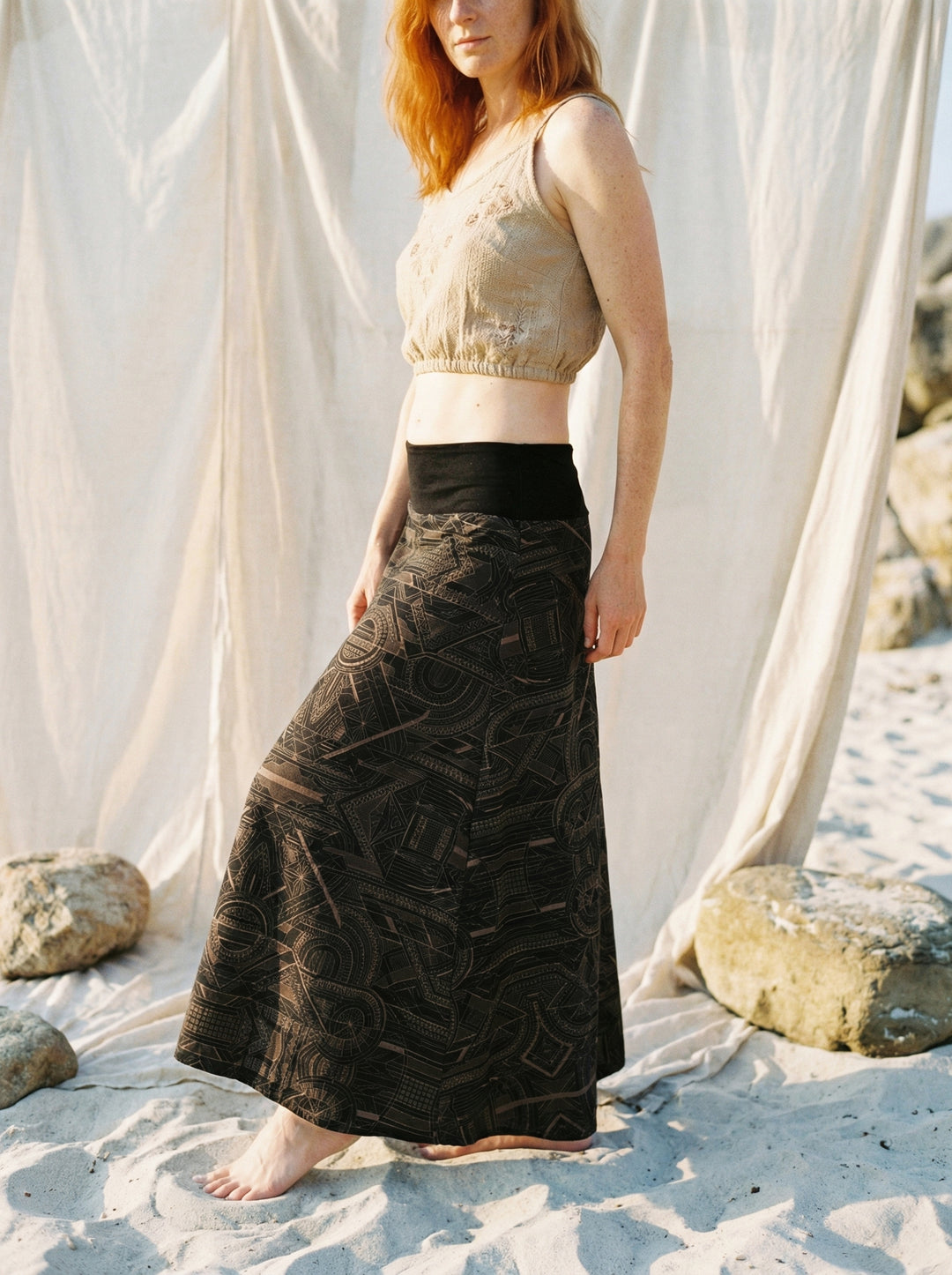 Sacred Geometry Maxi Skirt – Hand-Printed Tribal Cotton Bohemian Festival Wear
