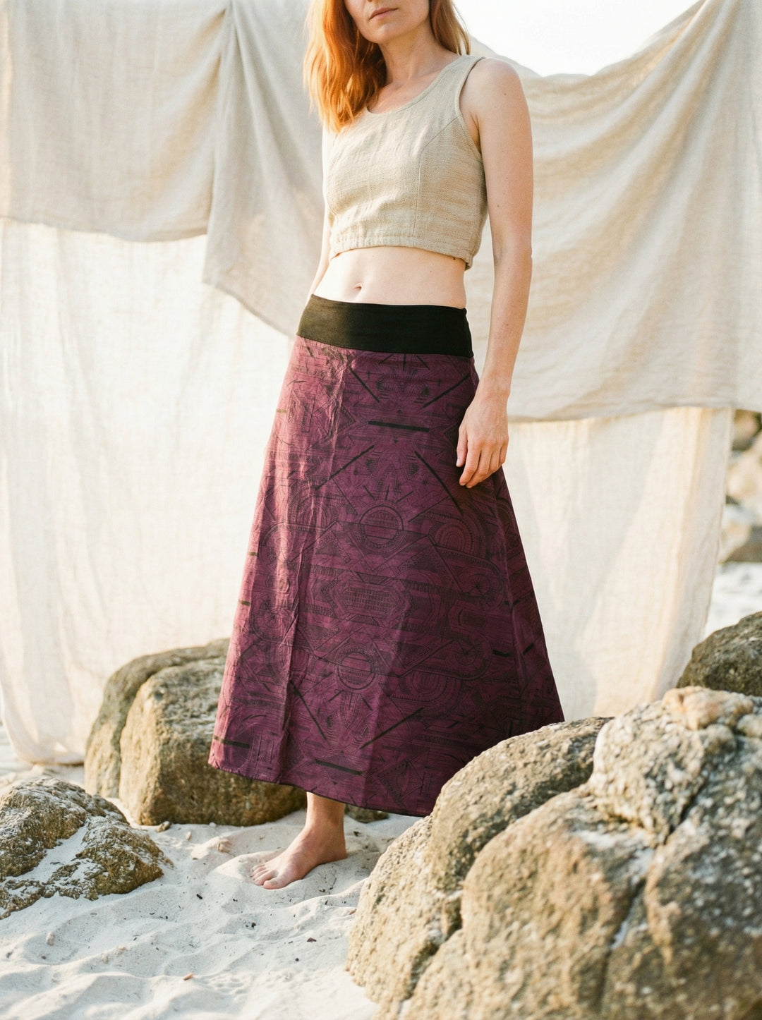 Sacred Geometry Maxi Skirt – Hand-Printed Tribal Cotton Bohemian Festival Wear