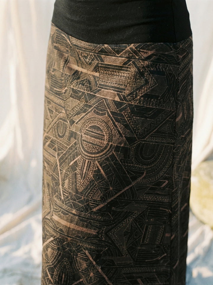Sacred Geometry Maxi Skirt – Hand-Printed Tribal Cotton Bohemian Festival Wear