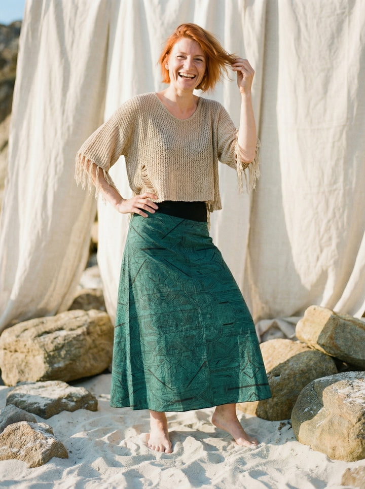 Sacred Geometry Maxi Skirt – Hand-Printed Tribal Cotton Bohemian Festival Wear