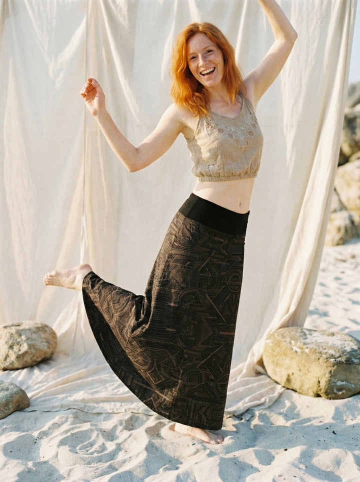 Sacred Geometry Maxi Skirt – Hand-Printed Tribal Cotton Bohemian Festival Wear