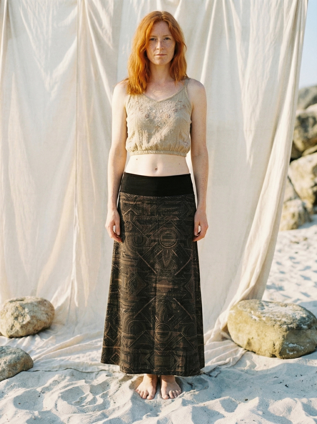 Sacred Geometry Maxi Skirt – Hand-Printed Tribal Cotton Bohemian Festival Wear