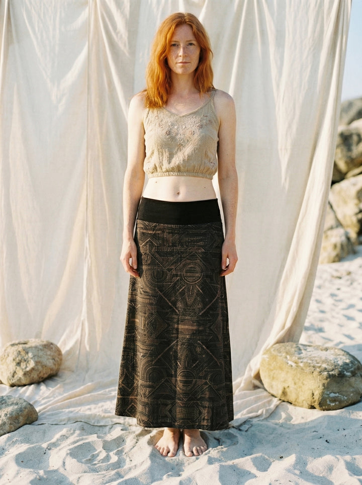 Sacred Geometry Maxi Skirt – Hand-Printed Tribal Cotton Bohemian Festival Wear