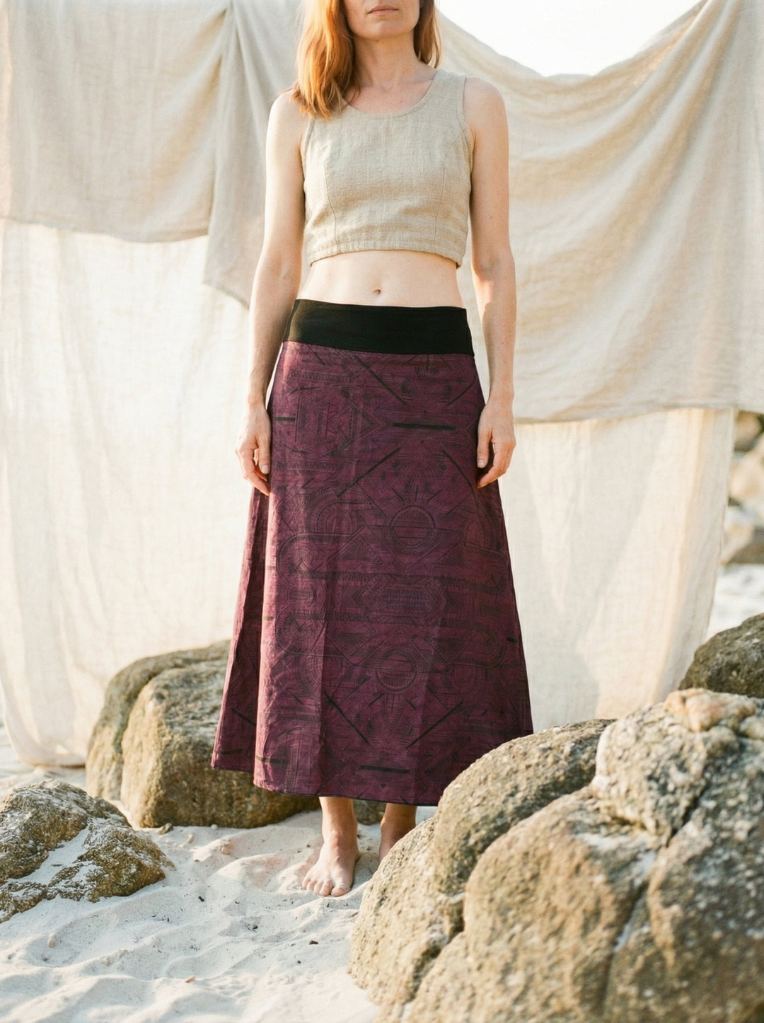 Sacred Geometry Maxi Skirt – Hand-Printed Tribal Cotton Bohemian Festival Wear