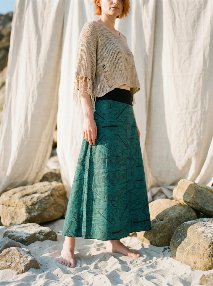 Sacred Geometry Maxi Skirt – Hand-Printed Tribal Cotton Bohemian Festival Wear
