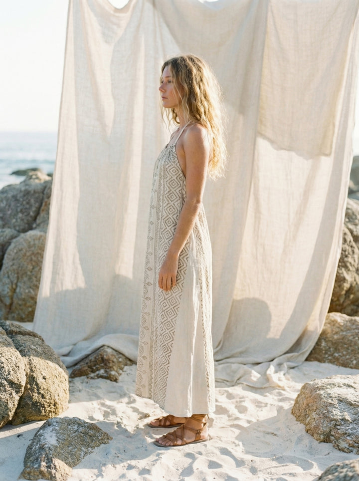 Mana Halter Maxi Dress – Cotton Sundress, Cream Tan Goddess
