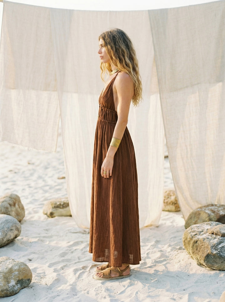 Coffee Brown Cotton Gauze Maxi Dress – Bohemian Halter Neck Goddess Gown (UK 8-14)