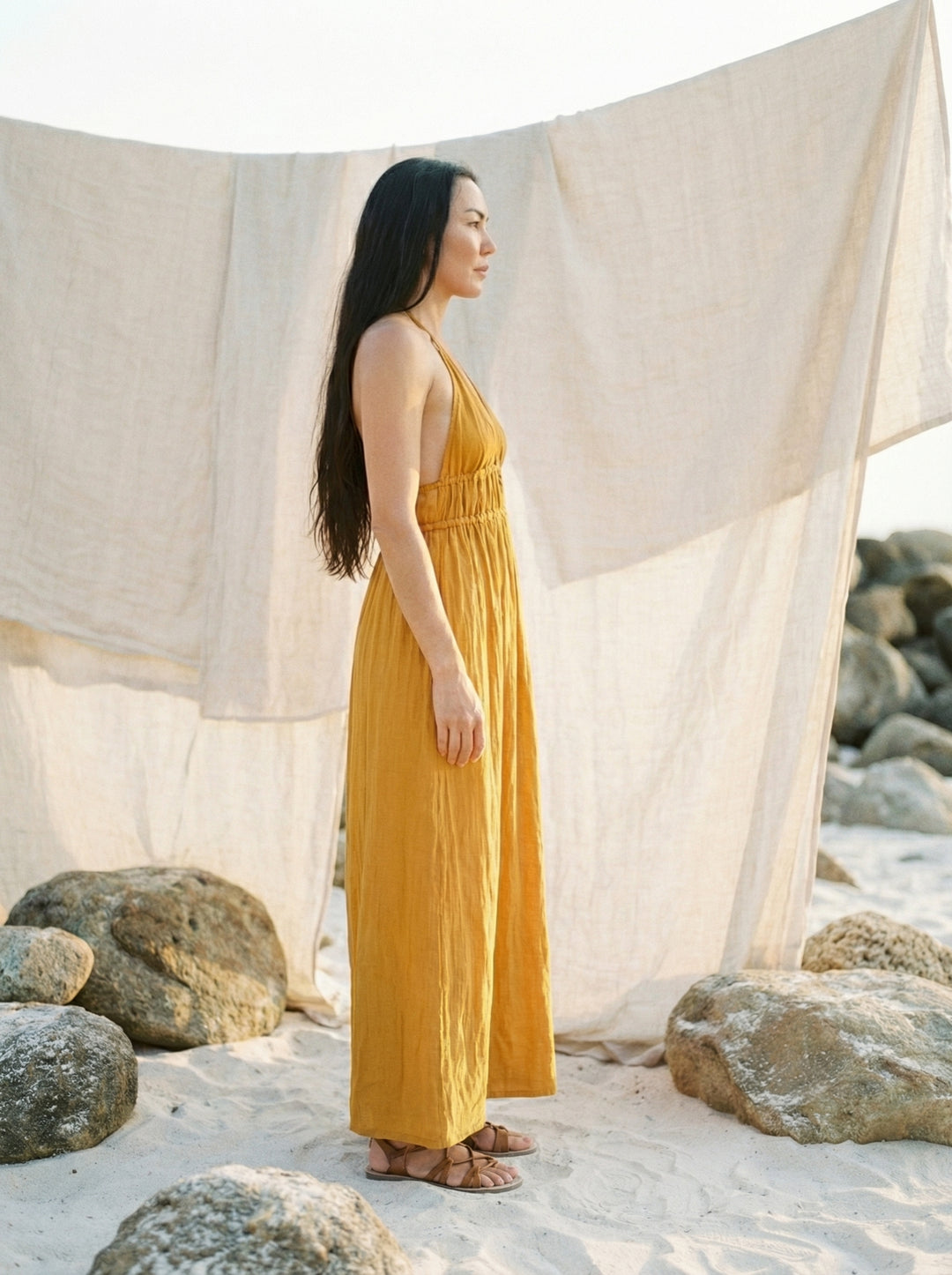 Mustard Cotton Gauze Maxi Dress – Bohemian Halter Neck Goddess Gown (UK 8-14)