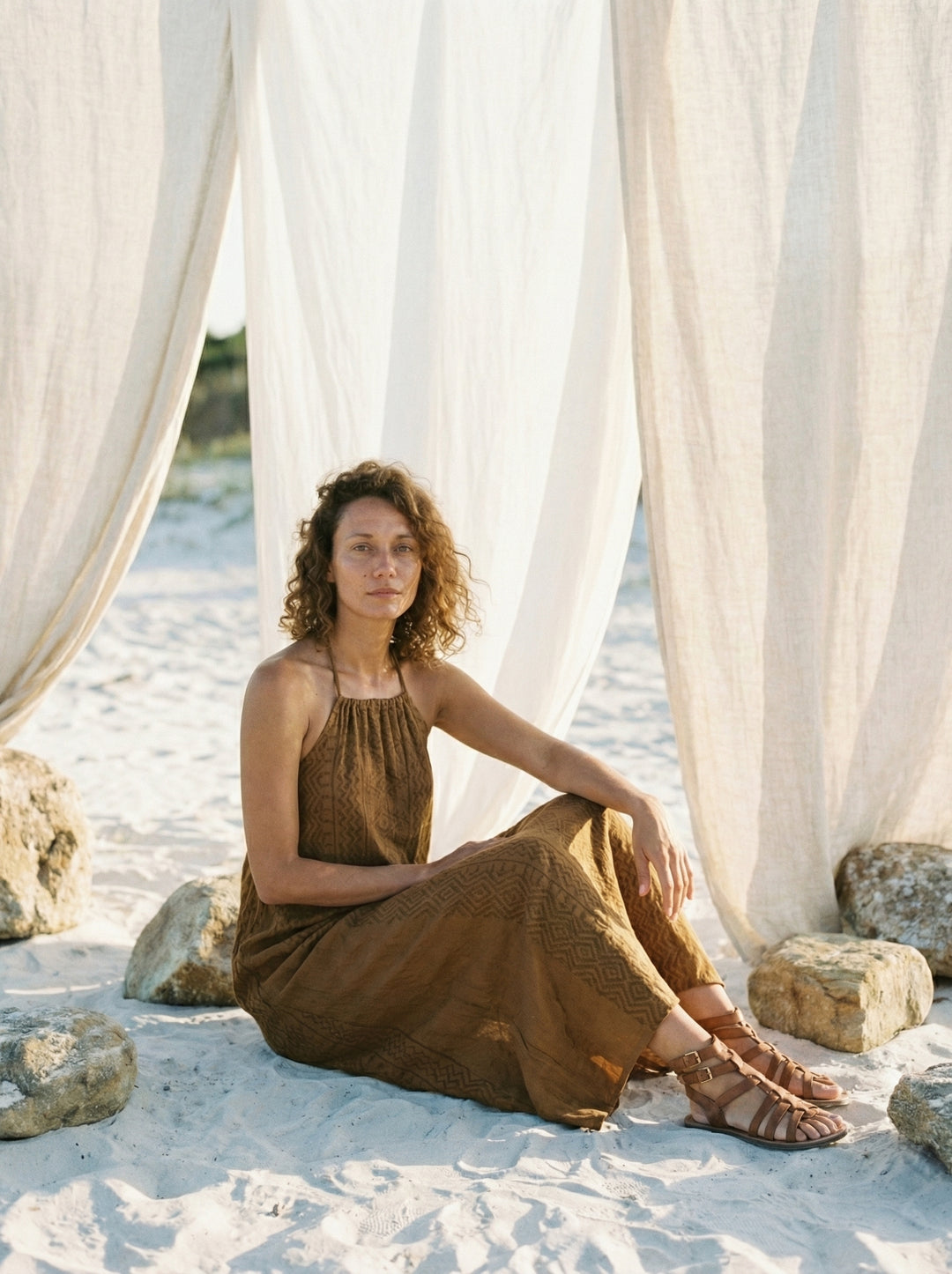 Mana Halter Maxi Dress – Cotton Sundress, Brown Tan Goddess